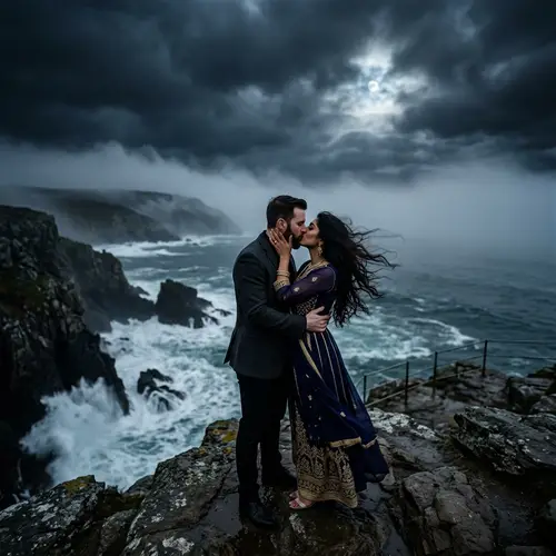 Passionate Lovers Embrace at Cliff Edge Under Moonlight