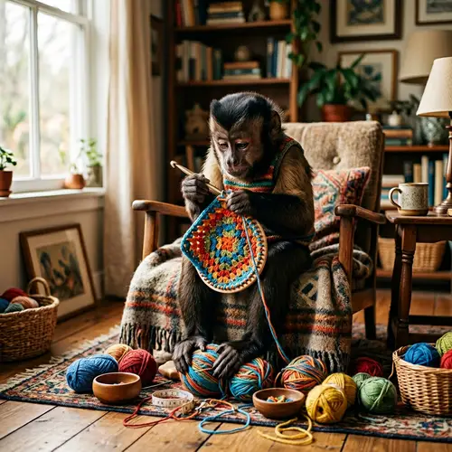Intricately Crafted Crochet: Monkey's Creative Pursuit