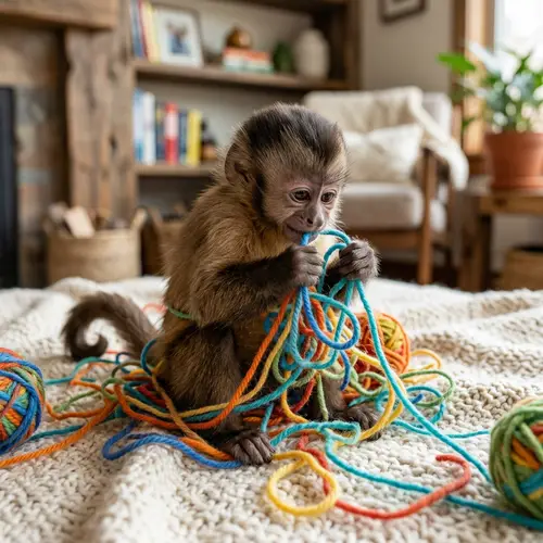 Cute Monkey Playing with Ball of Yarn - Fun and Playful