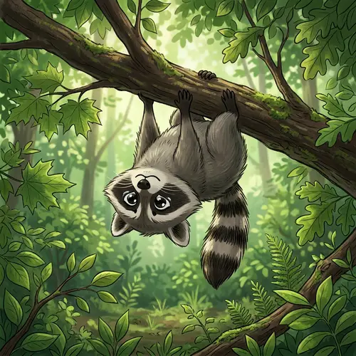 Sad Raccoon Hanging Upside Down in a Tree Cartoon