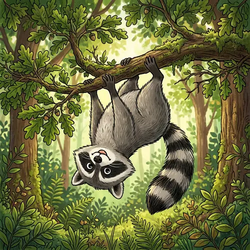 Raccoon Hanging Upside Down in Tree - Fun Illustration