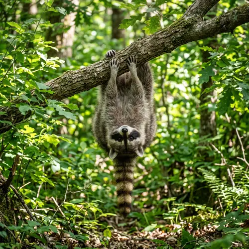 Raccoon Hanging Upside Down in a Tree