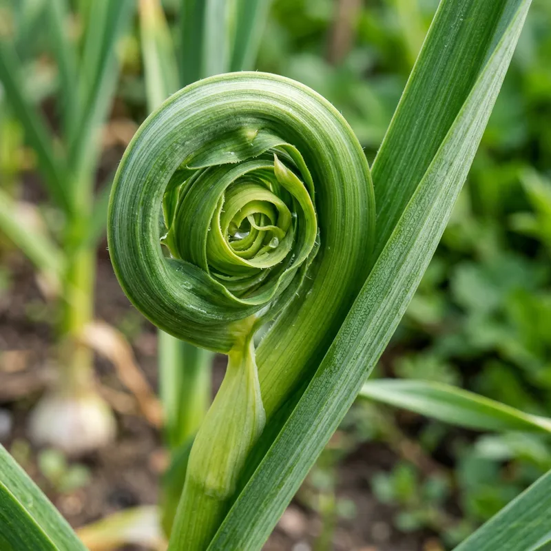 Close-Up of Garlic Leaf Unfurling with Intricate Textures and Vibrant Green Hues Close-Up of Garlic Leaf Unfurling with Intricate Textures and Vibrant Green Hues