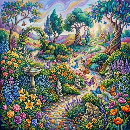 Vibrant Garden Scene with Colorful Flowers, Butterflies, and Whimsical Trees