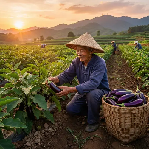 Harvesting Eggplant in Vibrant Field | Asian Farmer Scene