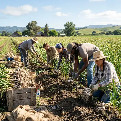 Diverse Farmers Harvesting Garlic in Sunny Field