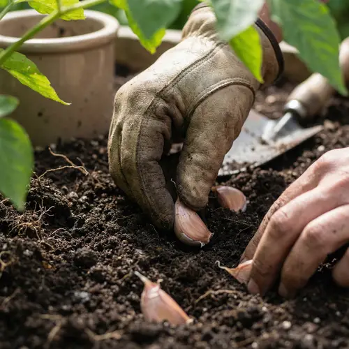 Detailed Macro Image: Planting Garlic Bulbs into Fertile Soil