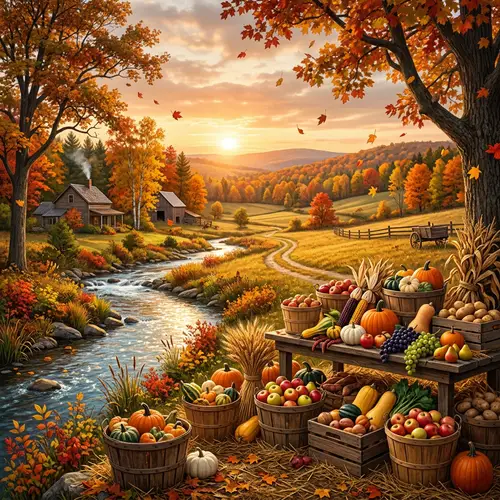 Serene Autumn Harvest Scene | Fruits, Gourds, Grains in Baskets