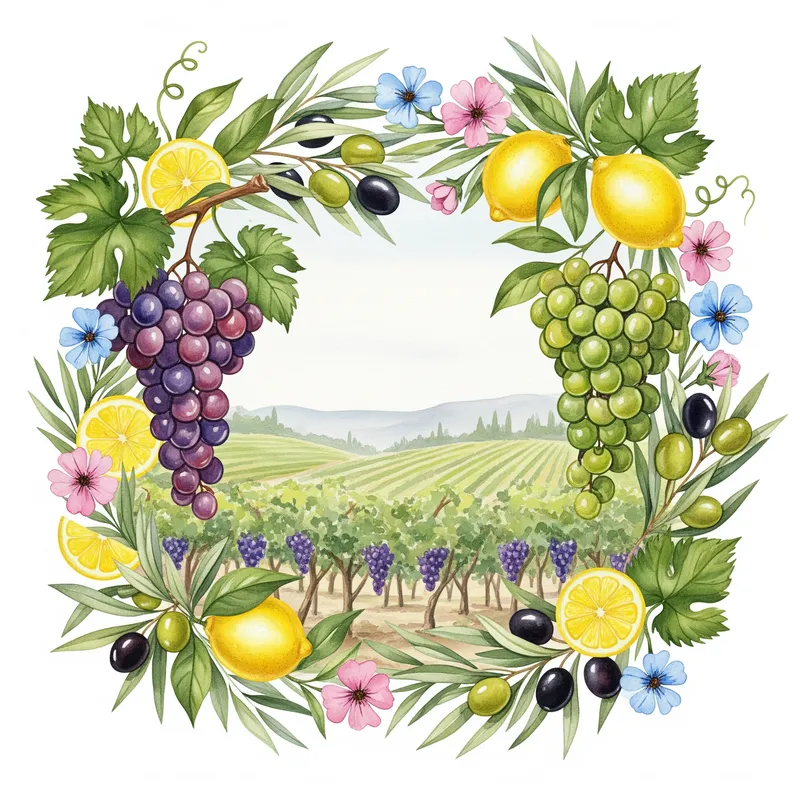 Watercolor Vineyard Border with Lemons and Flowers