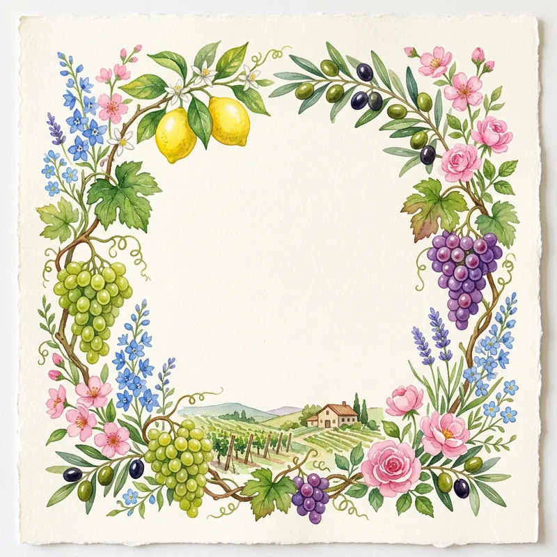 Watercolor Vineyard Border with Lemons and Flowers Watercolor Vineyard Border with Lemons and Flowers