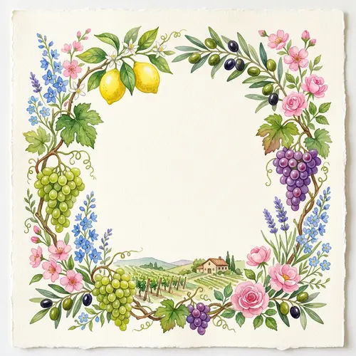 Watercolor Vineyard Border with Lemons and Flowers