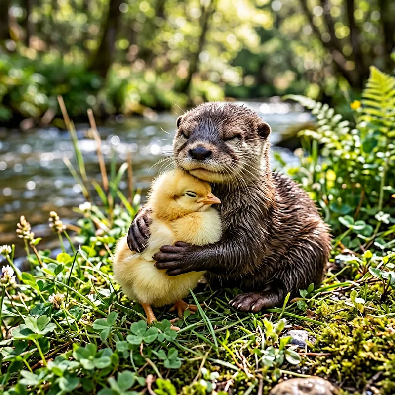 Baby Chick and Otter Embracing - Cute Animal Friendship