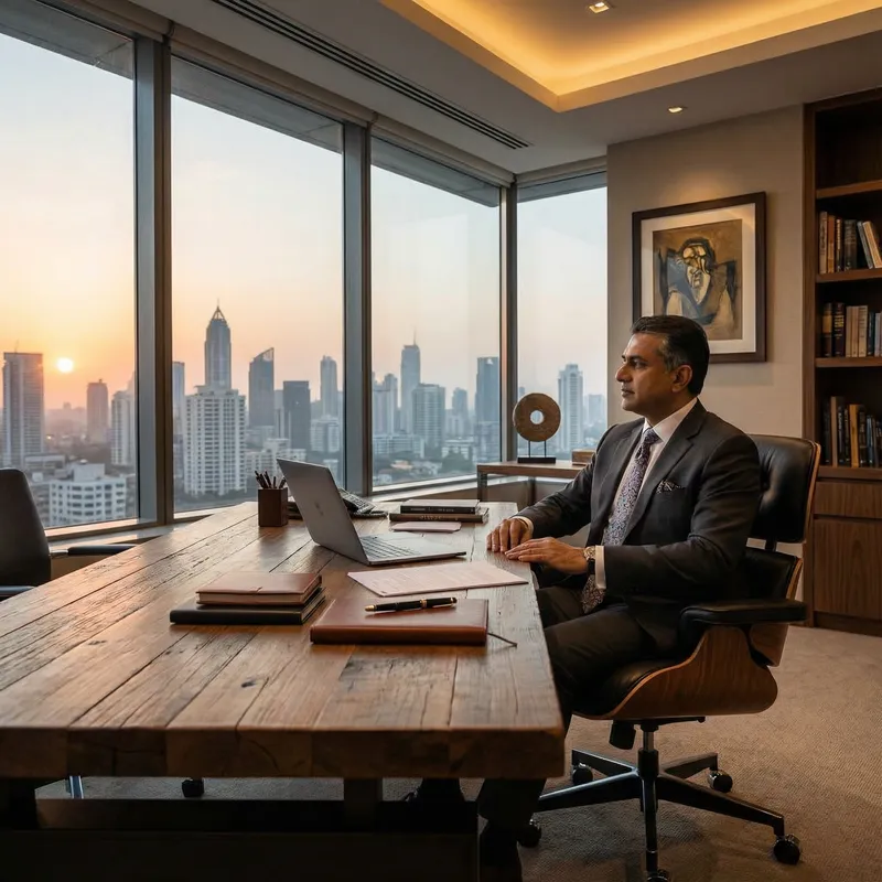 Elegant Businessman in Office Overlooking City View