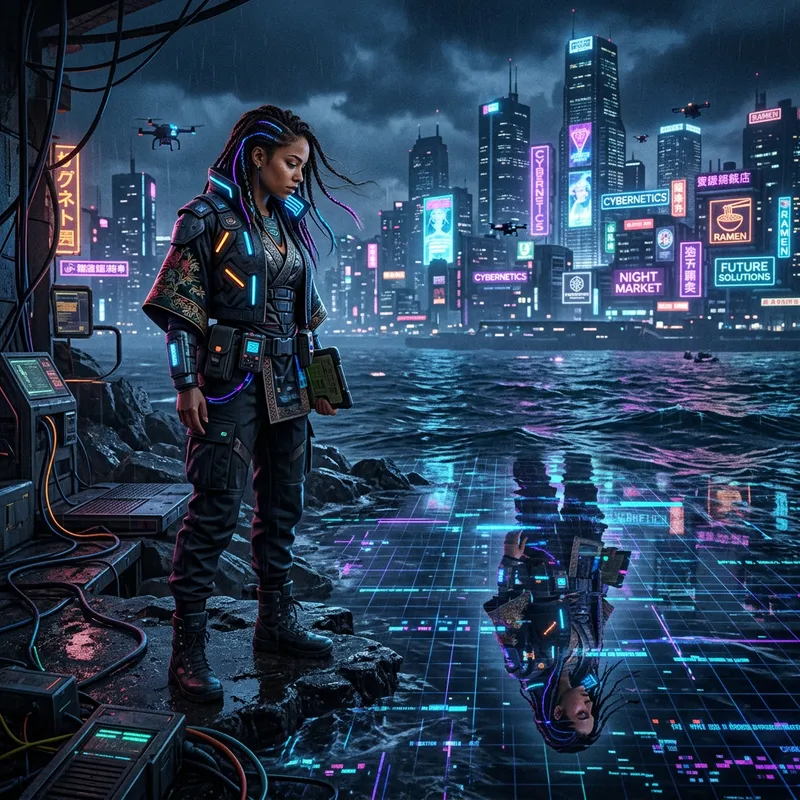 Futuristic Cyberpunk Woman Gazing into Neon Sea