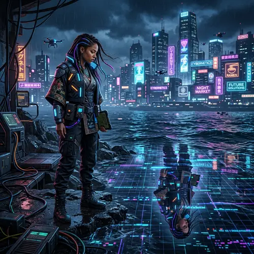 Cyberpunk Woman Reflecting in Neon Sea | Futuristic Wonder