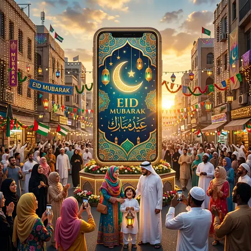 Giant Mobile Phone Celebrating Eid al-Fitr | Festive Street Scene