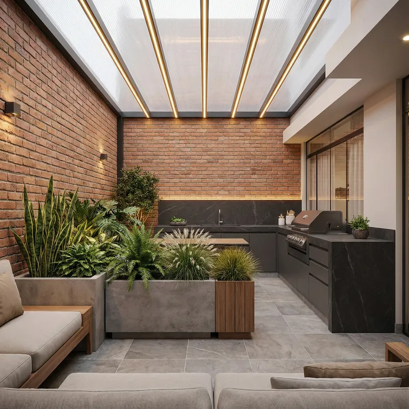 Elegant Modern Backyard Design with Plants and Kitchen