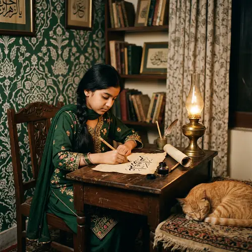 Animated Girl Practicing Calligraphy Art