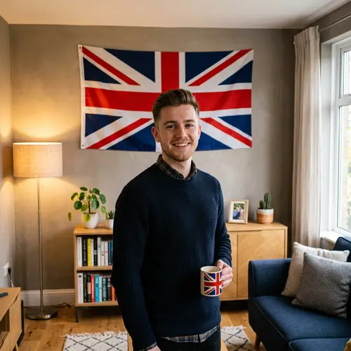 Young British Man with Union Jack Flag in Modern Home