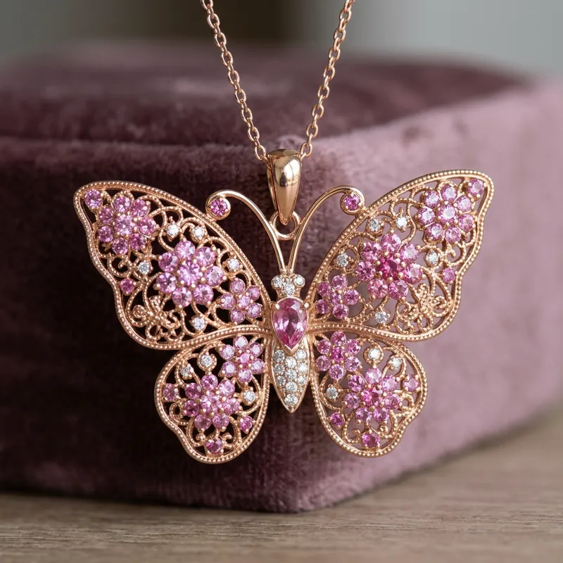 Elegant Butterfly Pendant with Pink Dahlia Stones