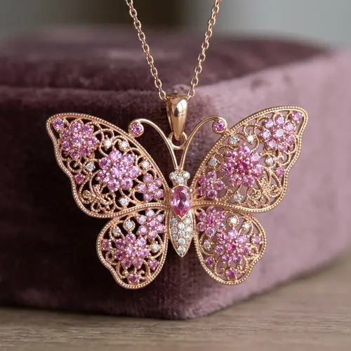 Elegant Butterfly Pendant with Pink Dahlia Stones