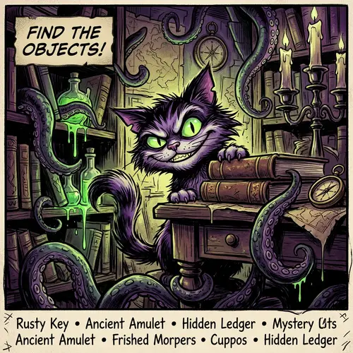 Spooky Mystery Finding Game Scene with Cartoon Cat and Tentacles