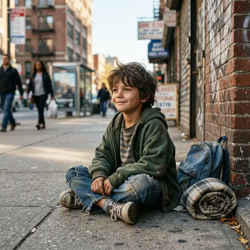 Hopeful Homeless Child in City Sidewalk | Heartwarming Scene