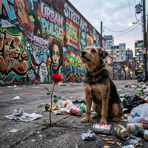 Urban Decay and Natural Beauty: Colorful Graffiti Cityscape with Dog and Rose