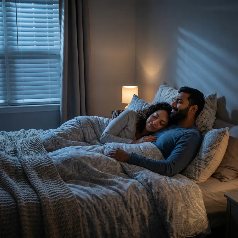 Cozy Nighttime Cuddling Scene: South Asian Male, Hispanic Female
