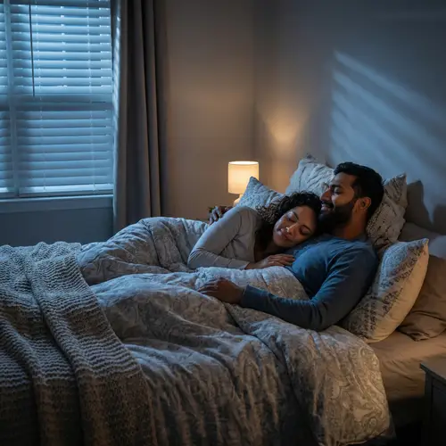 Romantic Scene of South Asian Male and Hispanic Female Cuddling in Bed