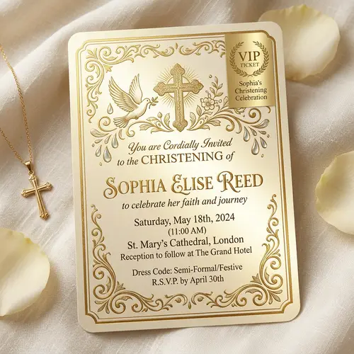 VIP Christening Invitation Card in Gold Design for 15-Year-Old Girl