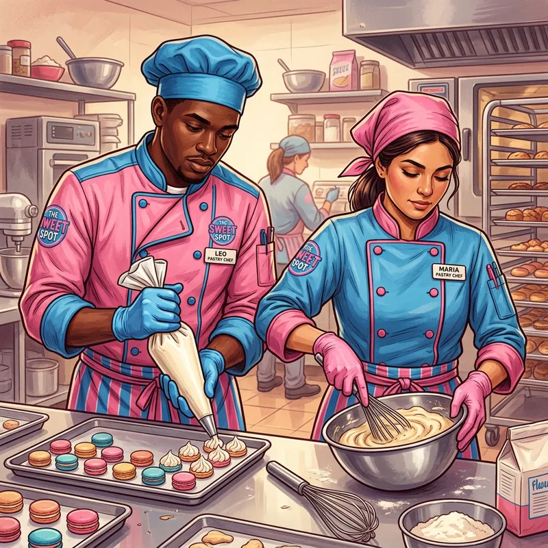 Pastry Chef Uniform in Pink Blue Style | Male & Female Employees in Gloves