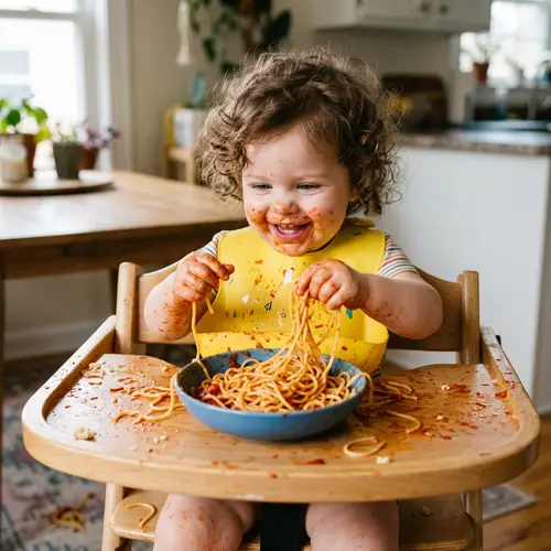 Joyful Baby with Spaghetti - Mealtime Fun