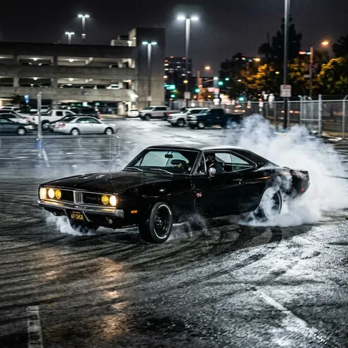 Black Dodge RT Charger Drifting in Parking Lot