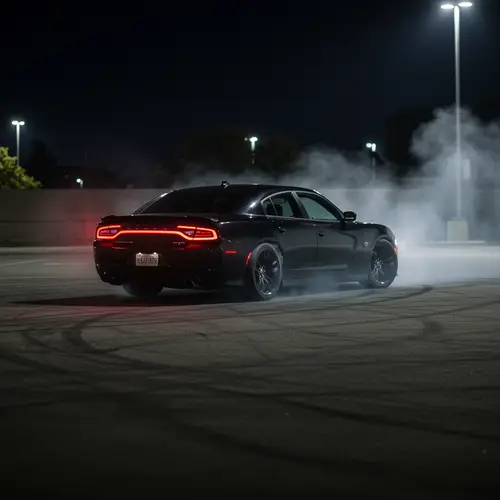Black Dodge RT Charger Drifting in Parking Lot