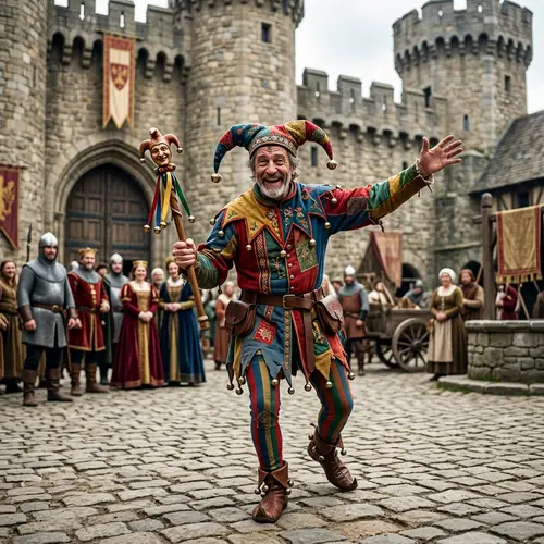 Middle-Aged Jester in Traditional Attire Performing In Medieval Setting