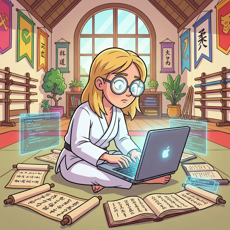 Blonde Cartoon Girl Coding in Dojo Scene