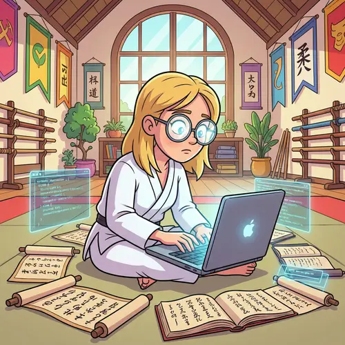 Cartoon Blonde Girl in Dojo Engrossed in Coding