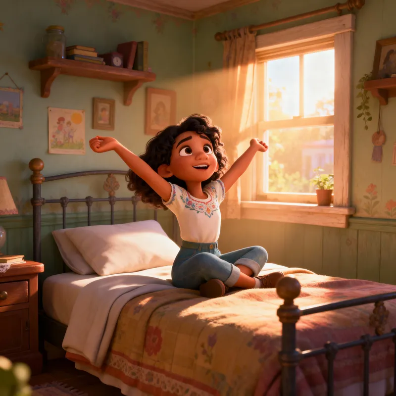Diverse Girl Awakening in Sunlit Bedroom | 3D Animation