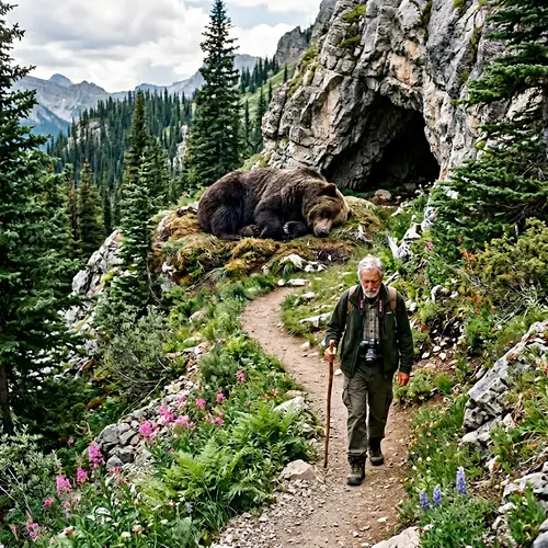 Bear Sleeping by Cave with Photographer