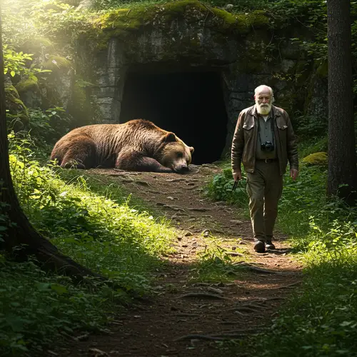Bear Sleeping by Cave with Photographer