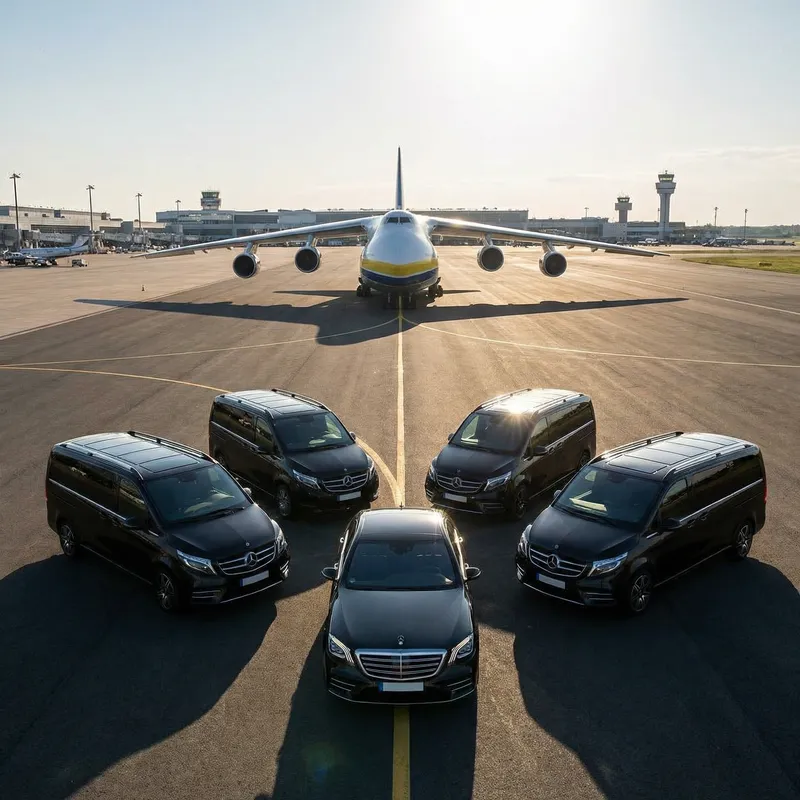 Luxury Black Mercedes Minivans & Sedan at Airport