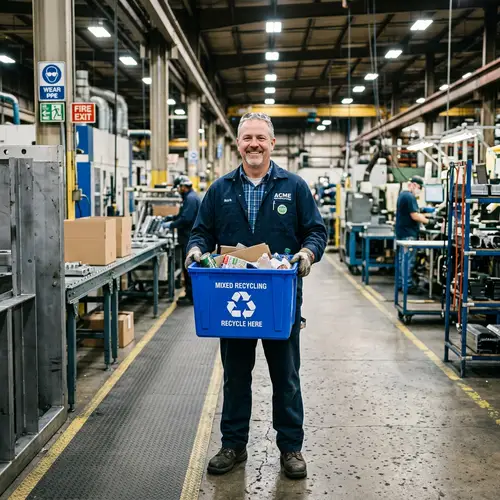 Smiling Man Holding Recycling Box in Factory
