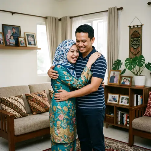 Malaysian Couple Embracing Love at Home: Hijab and Identity