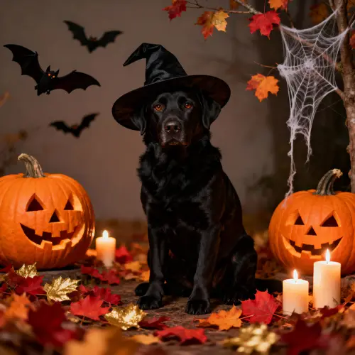 Gorgeous Black Labrador in Halloween Decor