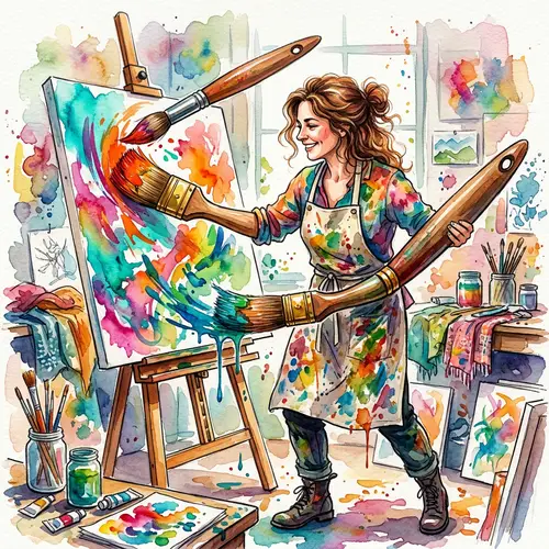 Vibrant Watercolor Illustration of Person with Paintbrush Hands