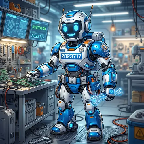 Blue and White Technician Robot Mascot