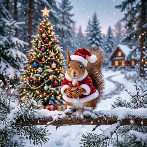 Festive Squirrel in Santa Outfit - Christmas Cheer