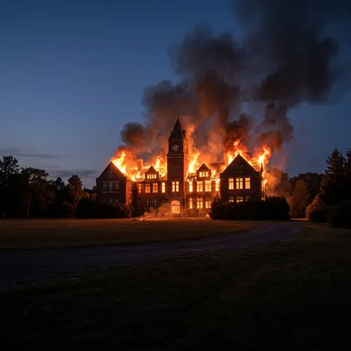 School Building on Fire - Captivating Wide Shot