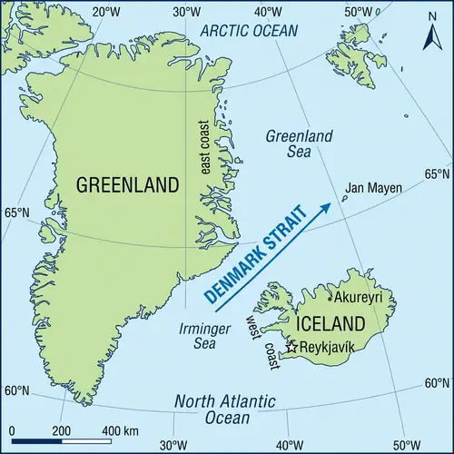 Denmark Strait 2D Map: Iceland to Greenland Route